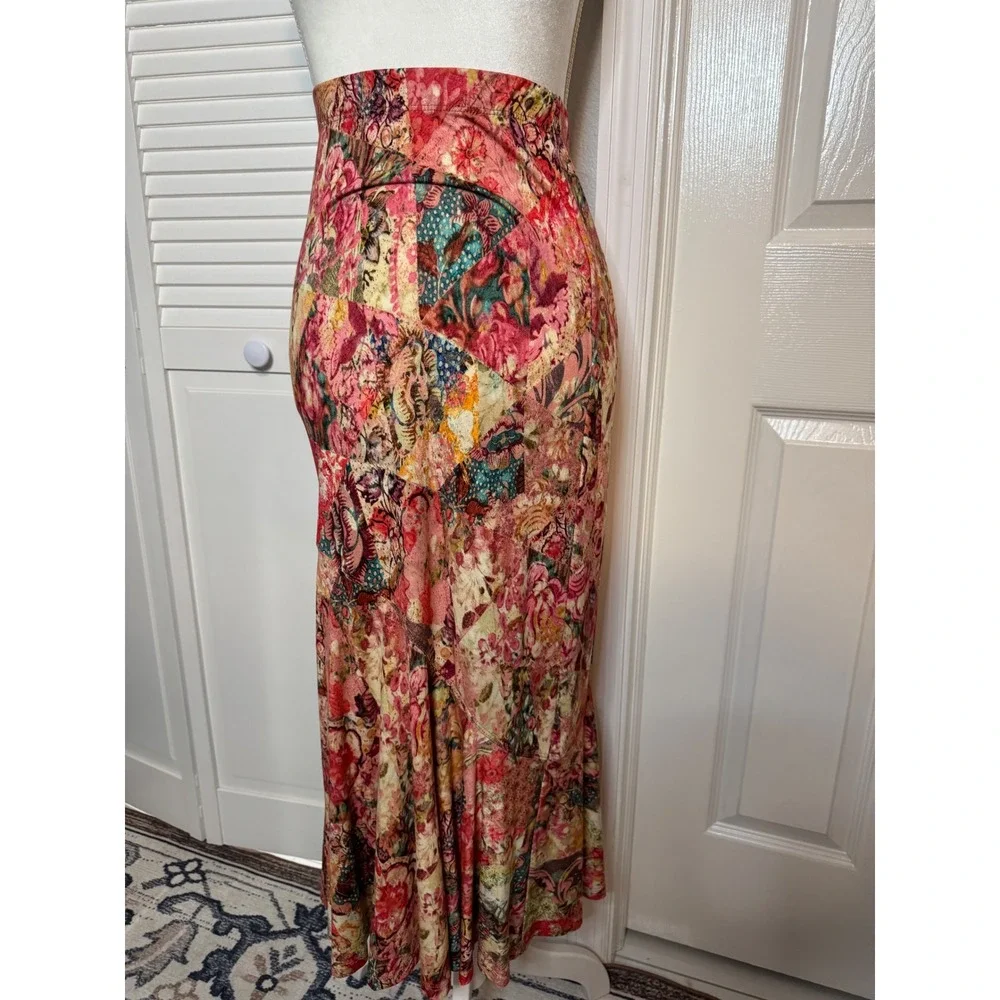 Peruvian Connection Patchwork Floral Maxi Skirt Multi Color Boho Side Slit XS